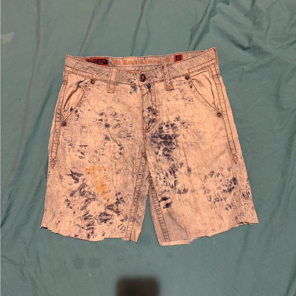 Rock Revival Distressed Blue and Tan Jean Shorts. Size 32.